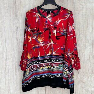 RAFAELLA Red Tropical Bird In Paradise Faux Leather Trim Tunic Blouse Top 2X